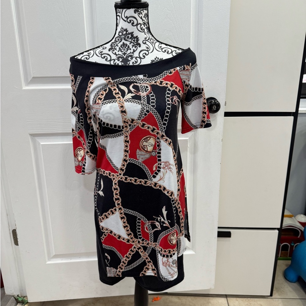 Chic Off-Shoulder Dress - Red, Black, White